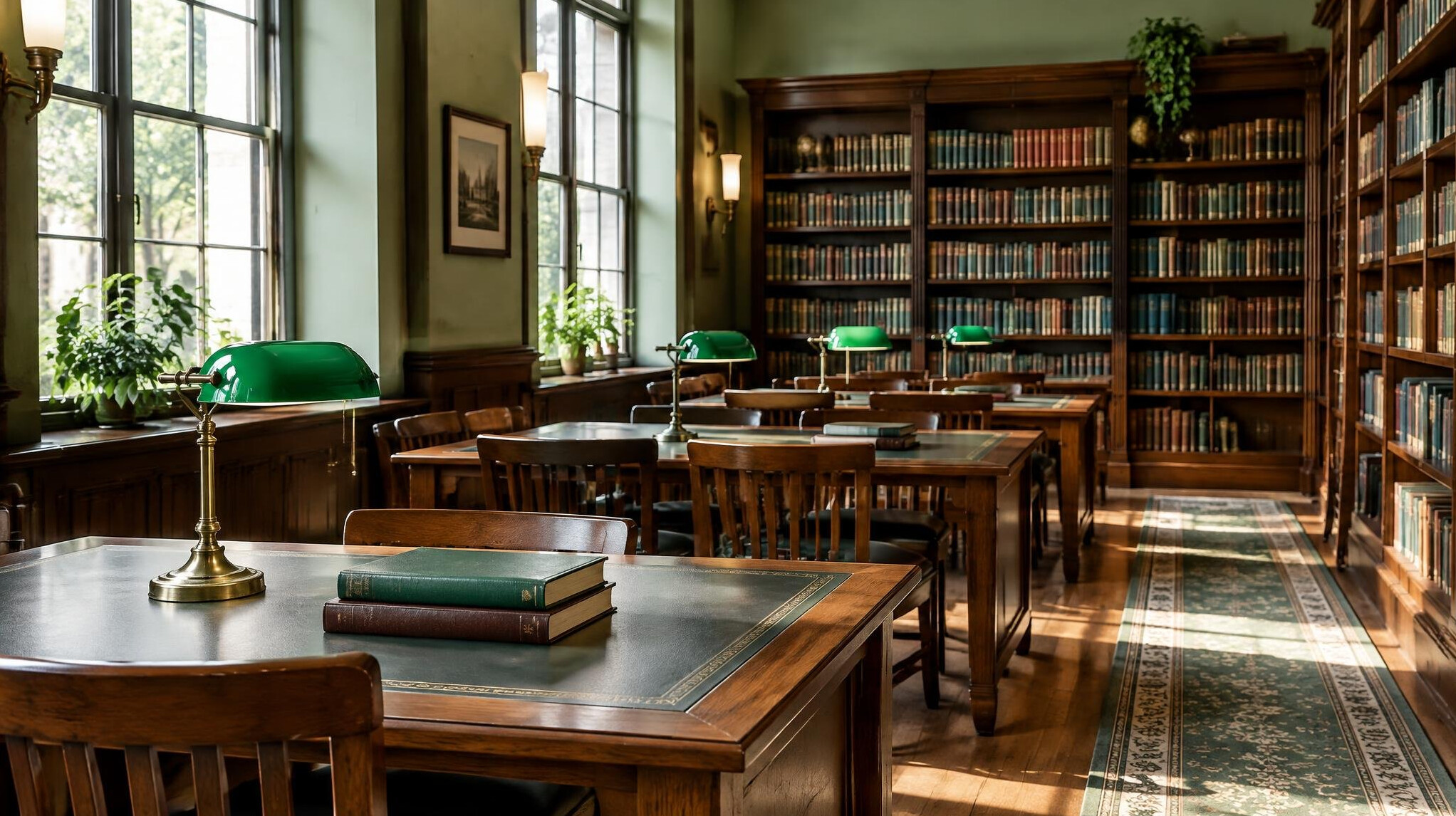 Reading room with desks and bookshelves