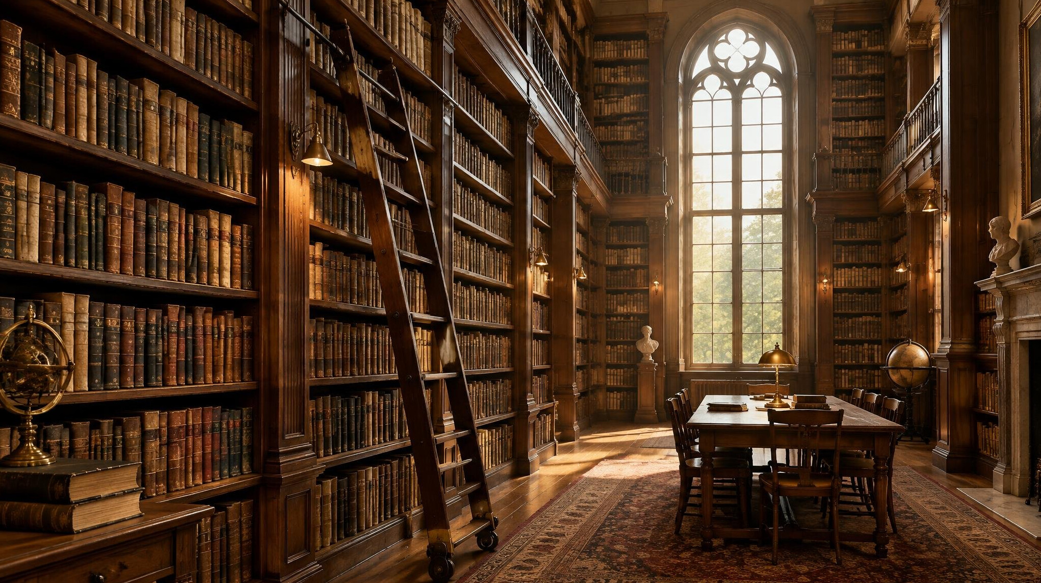 Tall library shelves full of books