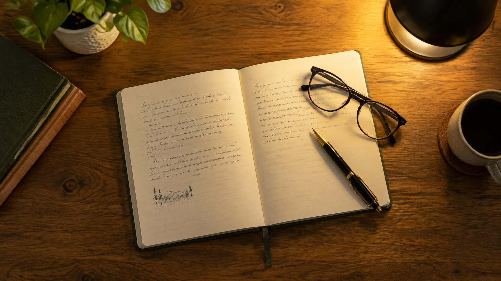 Open notebook and pen on a wooden desk